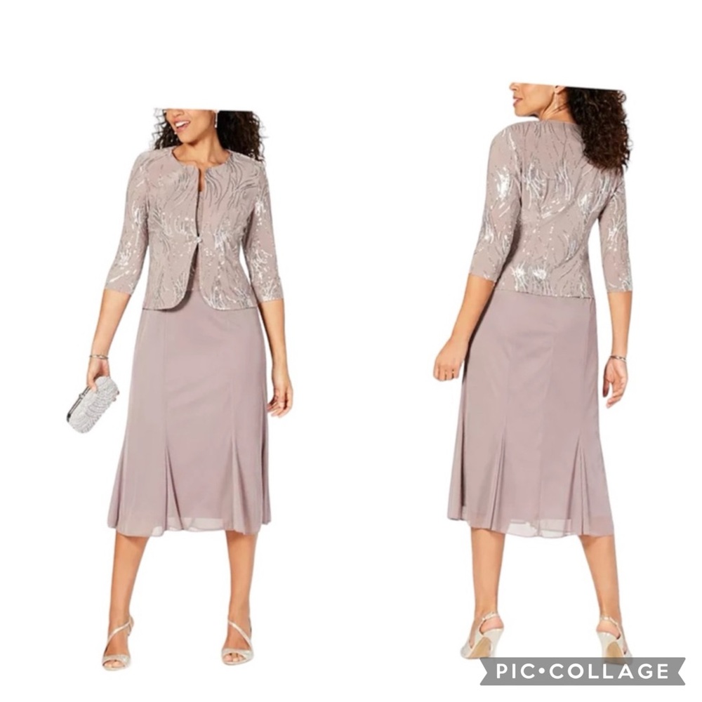 Alex Evening Sequined A-Line Midi Two Piece Dress with blazer Size 6